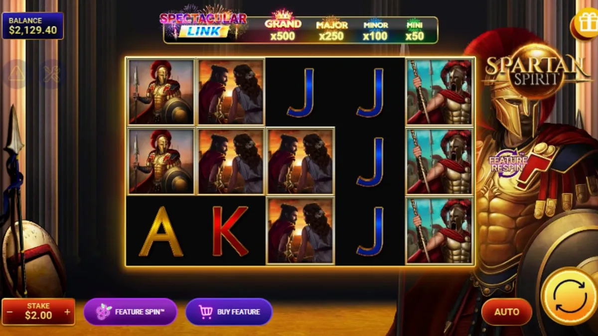 Prajurit Spartan dalam slot Spartan Spirit dengan latar belakang kuil kuno