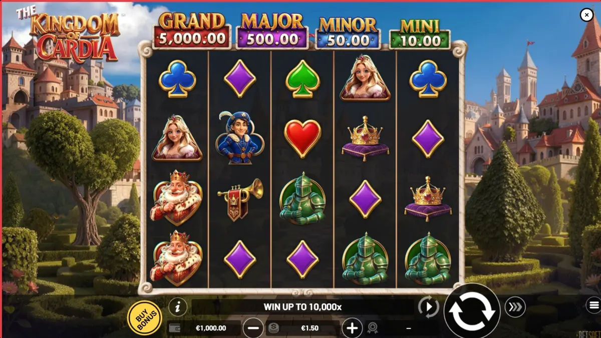 Tampilan visual slot The Kingdom of Cardia dengan tema taman fantasi dan kartu remi